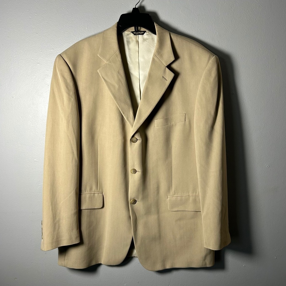 Bill Blass Mens 43R Silk Blazer Tan Herringbone 3 Button Sport Coat Jacket